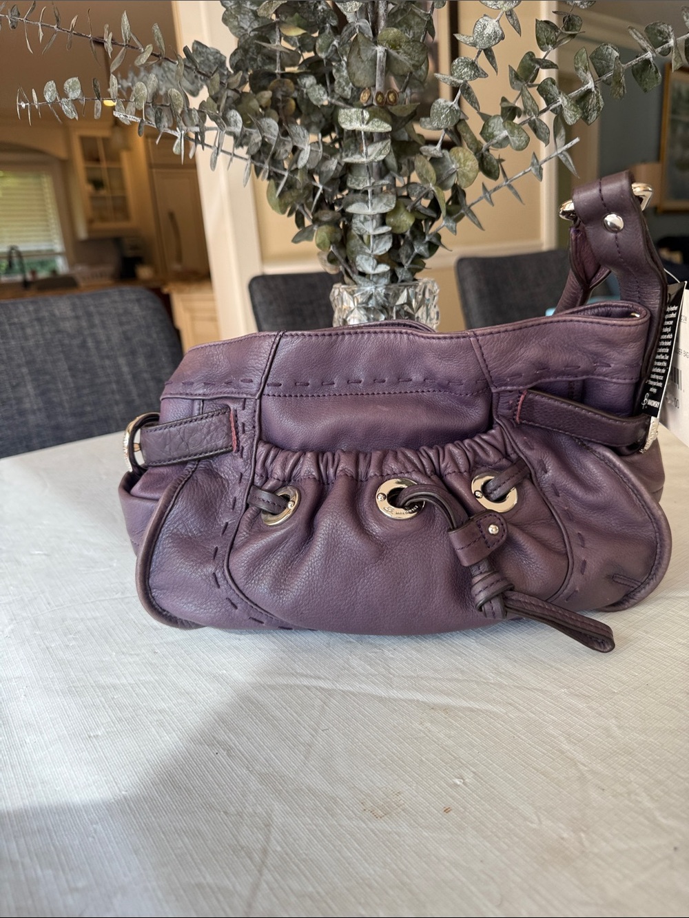 b. makowsky Plum Gathered Leather Hobo with Gold-Tone Eyelets